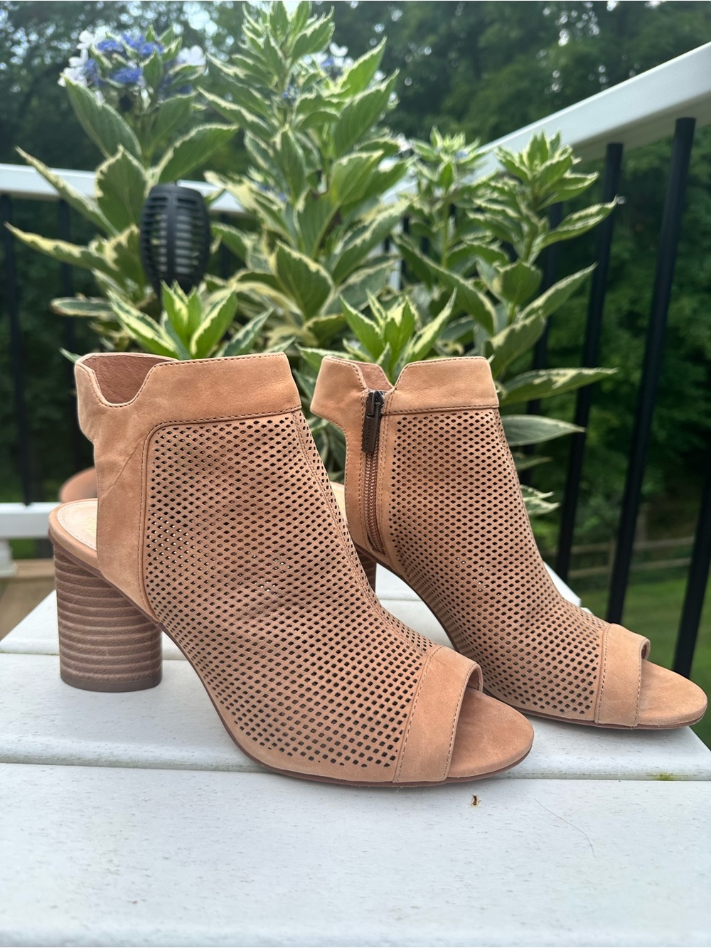 Women’s Peep-Toe Perforated Block Heel Ankle Bootie - Tan